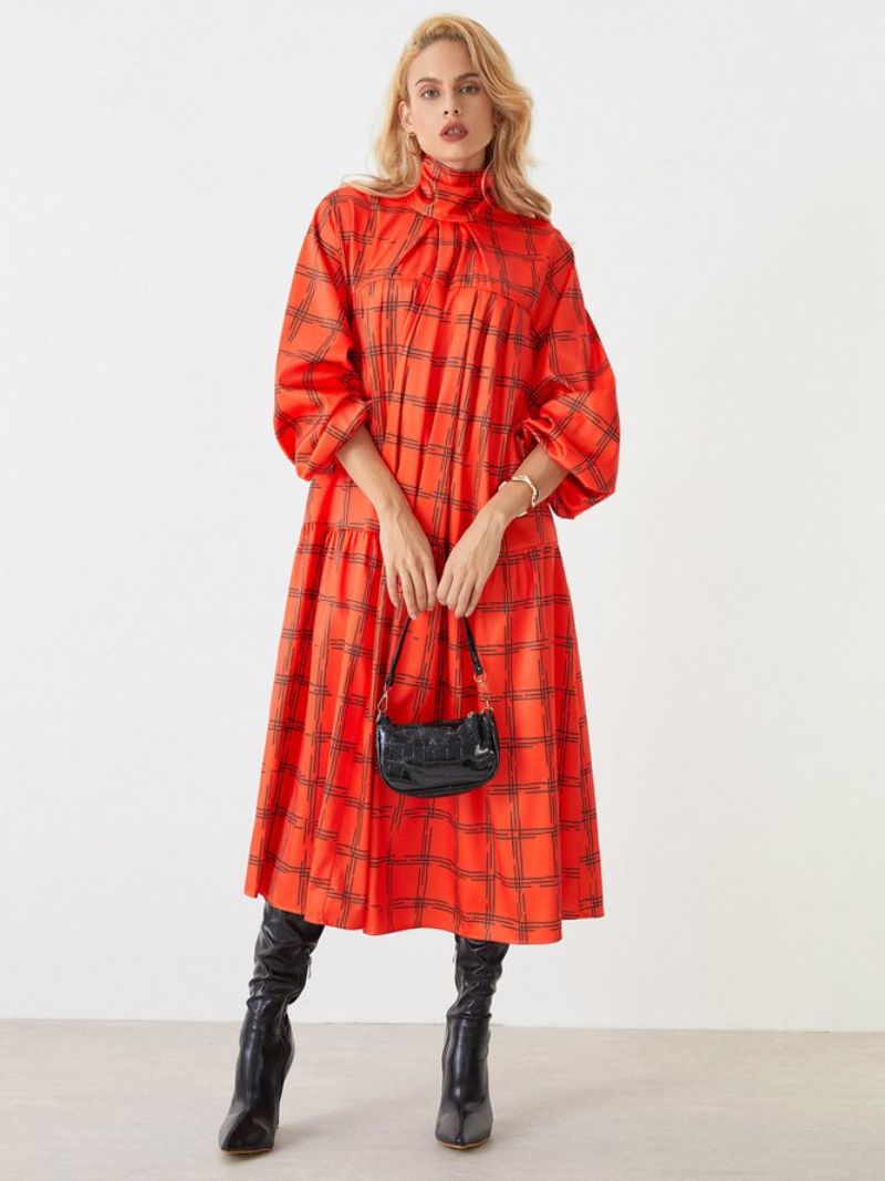 Lanternærmet Rullekrave Plaid Elegant Midi-Kjole