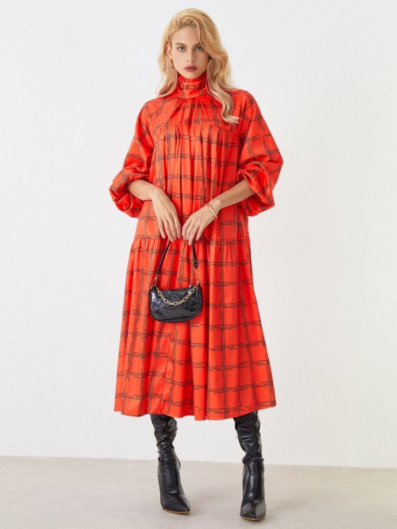 Lanternærmet Rullekrave Plaid Elegant Midi-Kjole