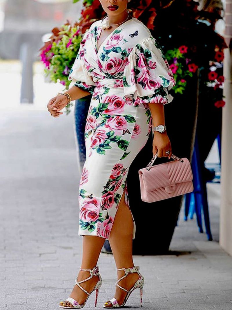 Lanterneærmet Regular Fit Floral Elegant Midi-Kjole