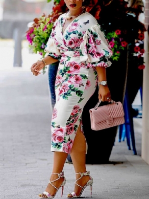 Lanterneærmet Regular Fit Floral Elegant Midi-Kjole