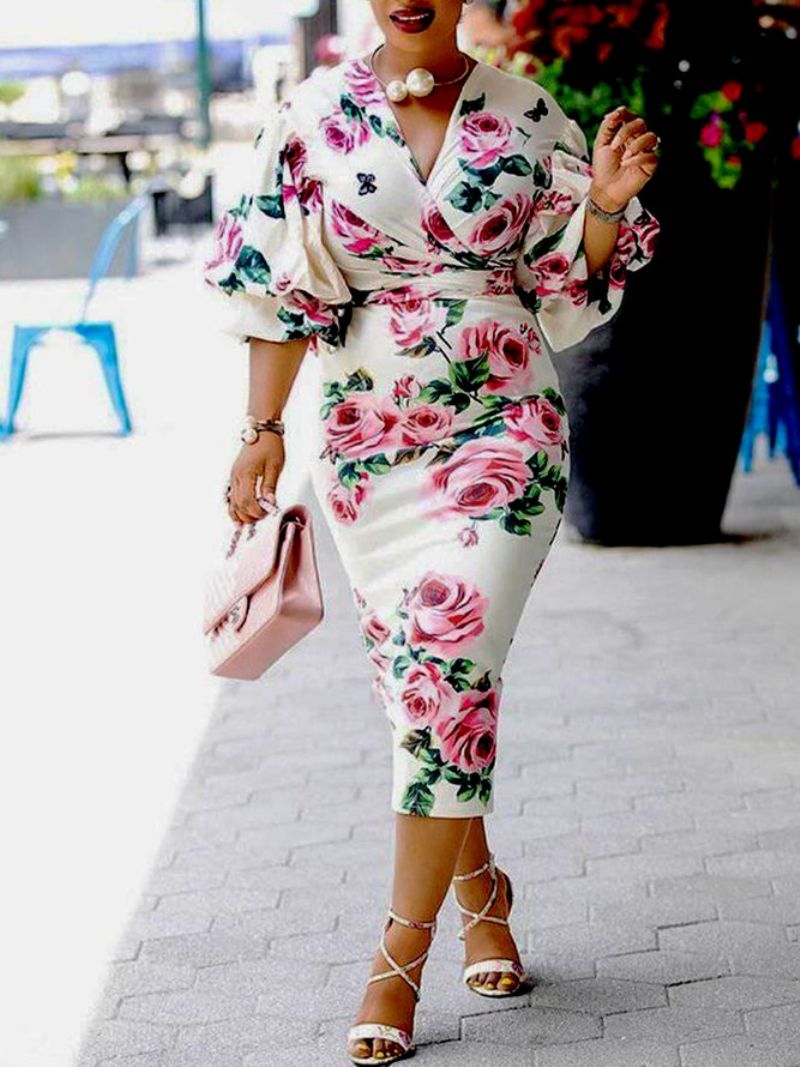 Lanterneærmet Regular Fit Floral Elegant Midi-Kjole