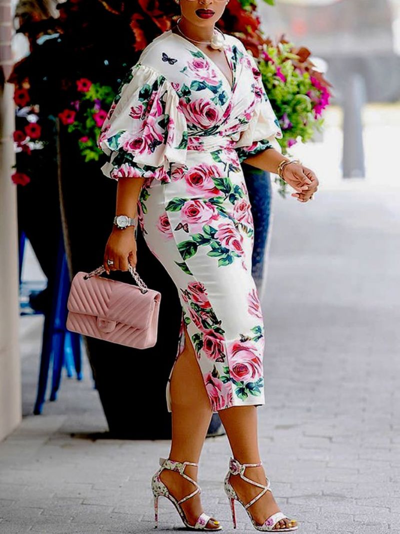 Lanterneærmet Regular Fit Floral Elegant Midi-Kjole