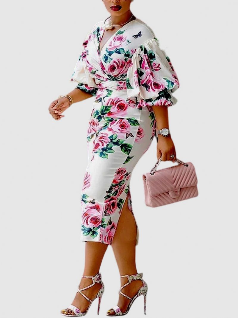 Lanterneærmet Regular Fit Floral Elegant Midi-Kjole