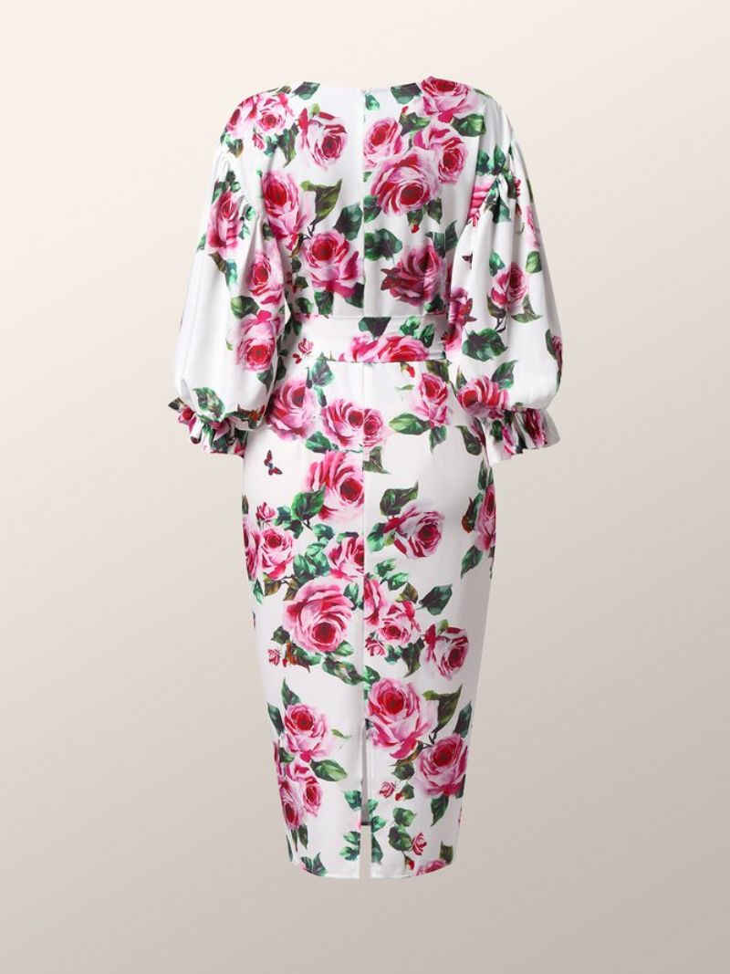 Lanterneærmet Regular Fit Floral Elegant Midi-Kjole