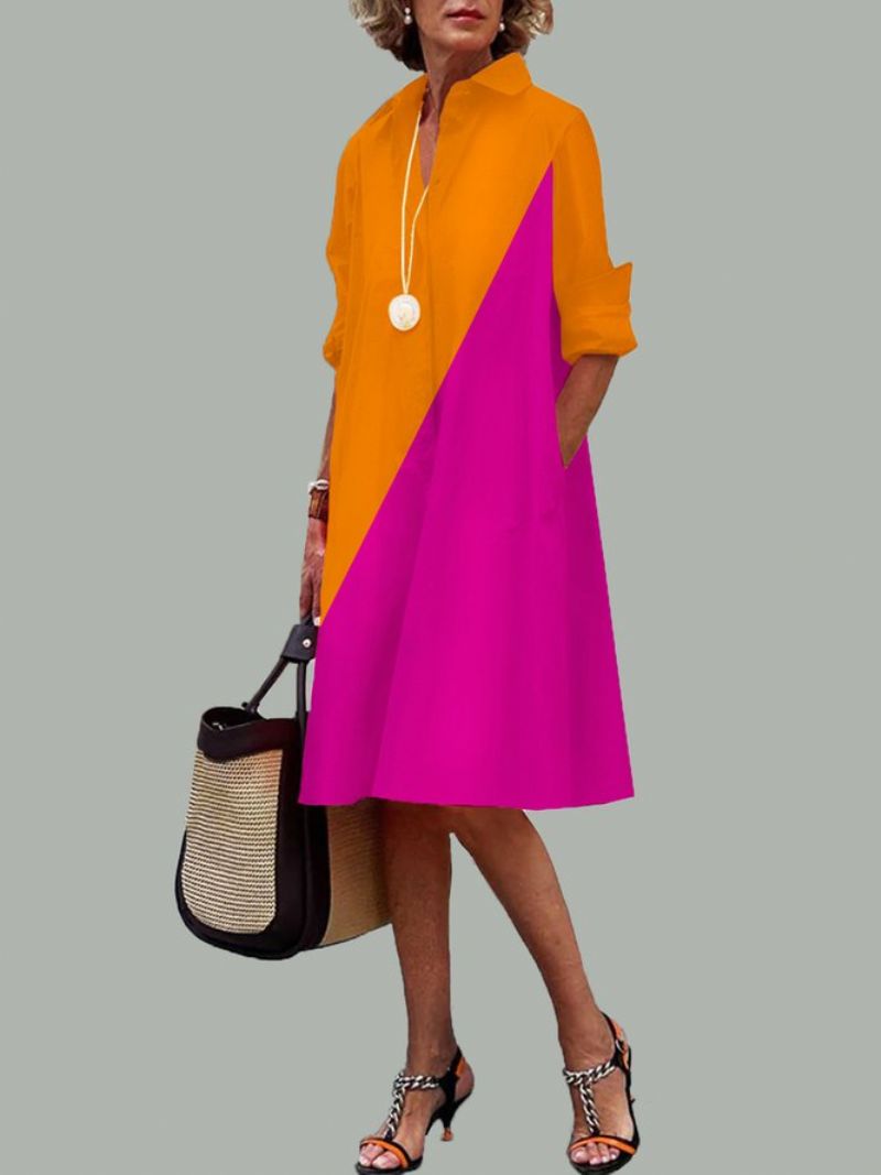 Midi Langærmet Regular Fit Color Block Shirt Collar Dress