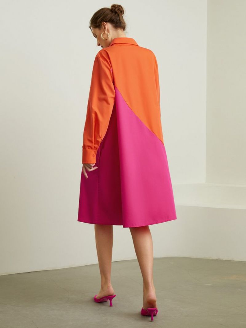 Midi Langærmet Regular Fit Color Block Shirt Collar Dress