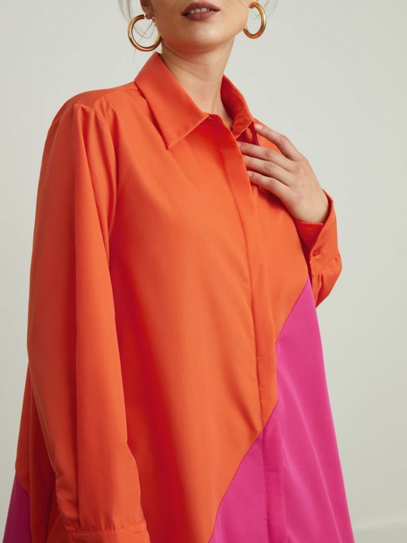 Midi Langærmet Regular Fit Color Block Shirt Collar Dress