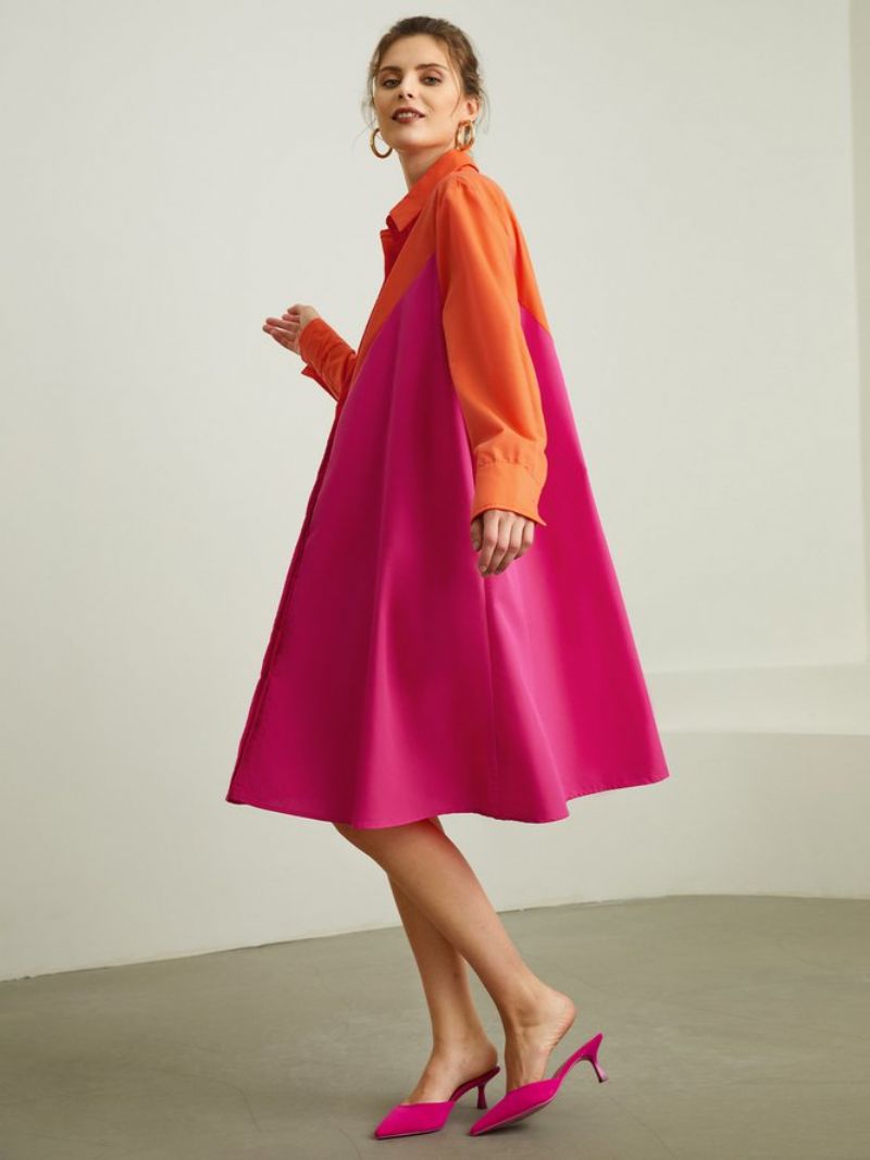 Midi Langærmet Regular Fit Color Block Shirt Collar Dress