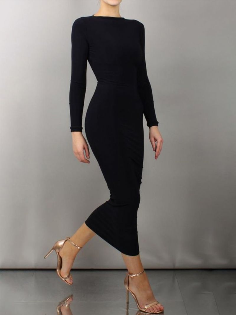 Sort Daglig Langærmet Regular Fit Boat Neck Dress