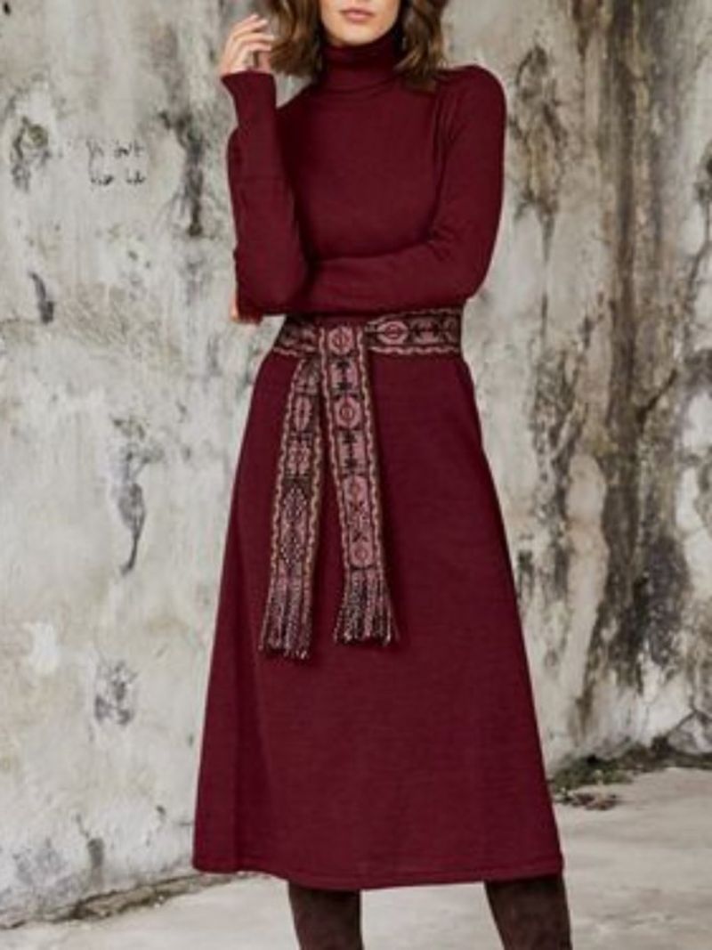 Turtleneck Burgundy A-Line Solid Midi-Kjole (Bælte Undtaget)