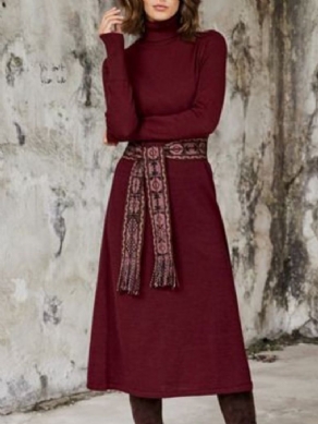 Turtleneck Burgundy A-Line Solid Midi-Kjole (Bælte Undtaget)