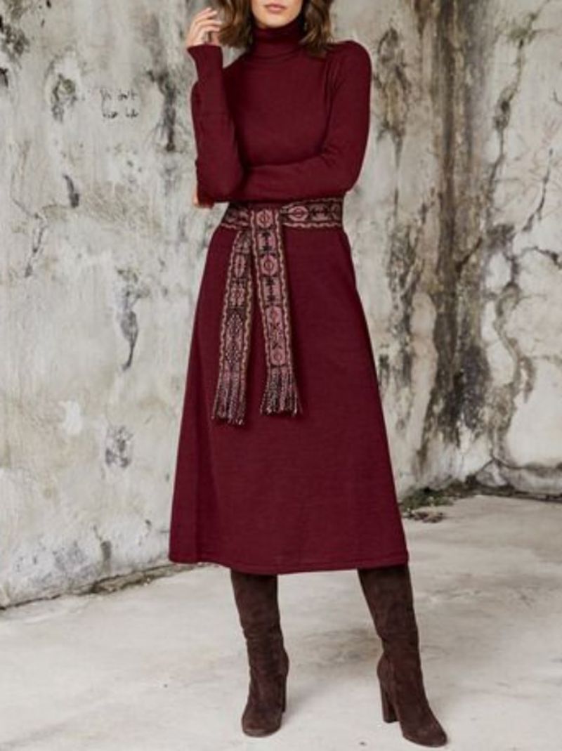 Turtleneck Burgundy A-Line Solid Midi-Kjole (Bælte Undtaget)