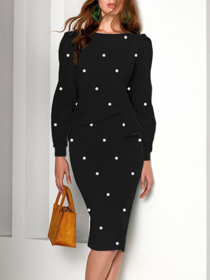 Urban Langærmet Polka Dots Crew Neck Knee Dress