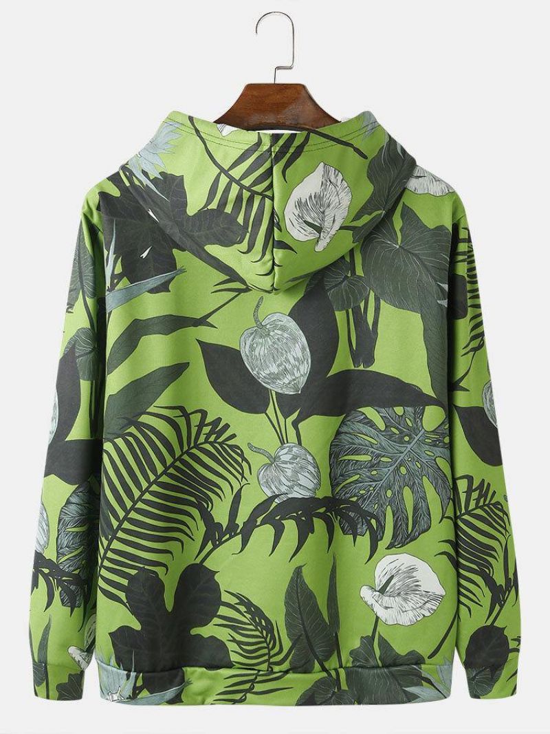 Mænds All Over Tropical Plant Print Hættetrøjer Med Snøre Og Kængurulomme