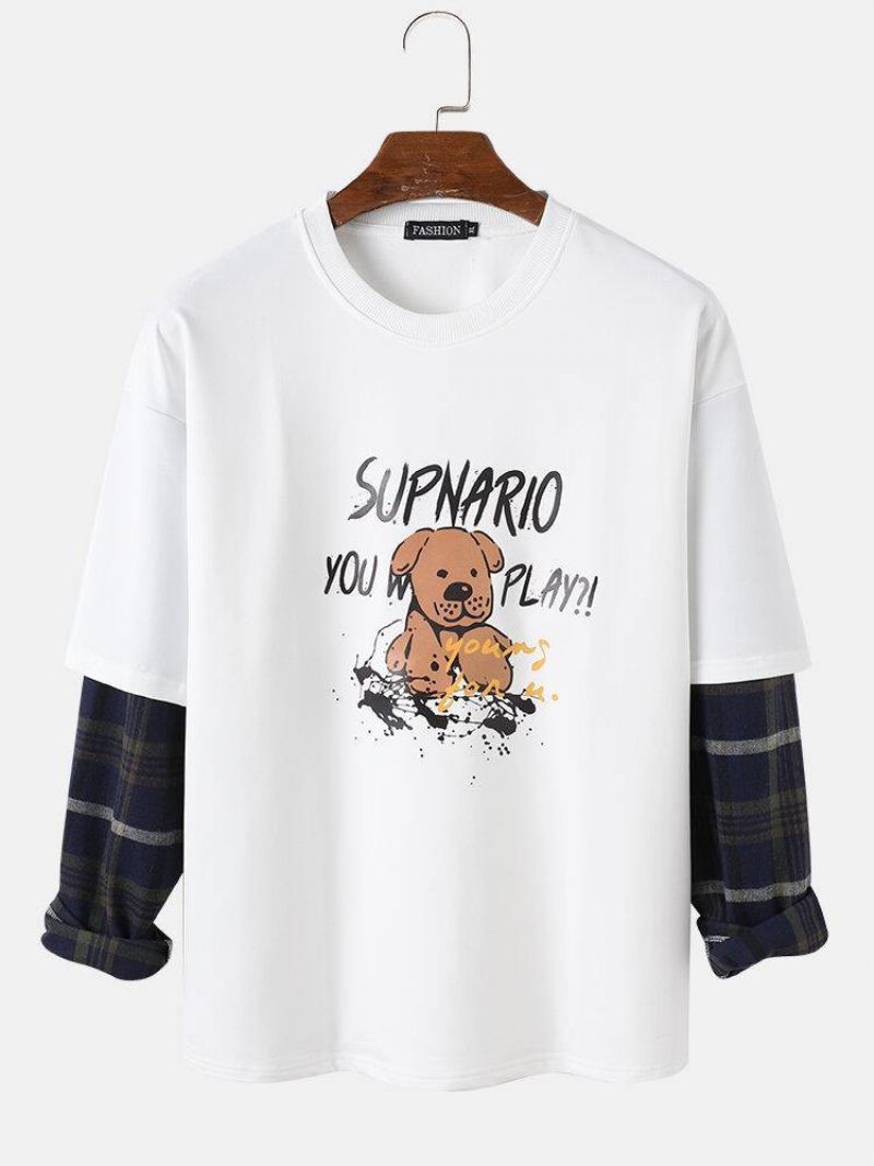 Mænds Brev Og Tegneseriehundetryk Drop Shoulder Patchwork Plaid Sweatshirts