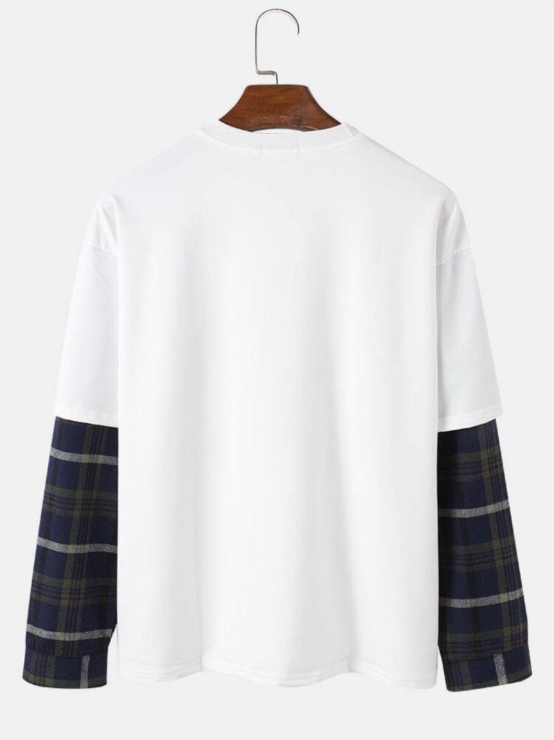 Mænds Brev Og Tegneseriehundetryk Drop Shoulder Patchwork Plaid Sweatshirts