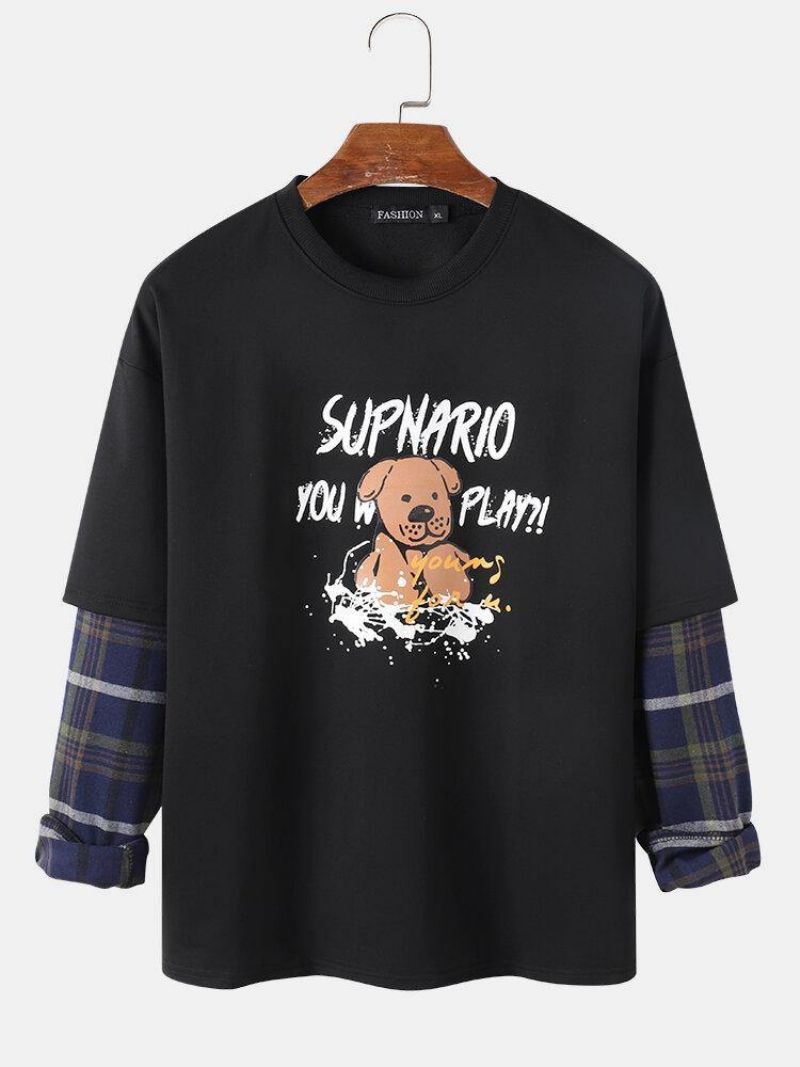 Mænds Brev Og Tegneseriehundetryk Drop Shoulder Patchwork Plaid Sweatshirts