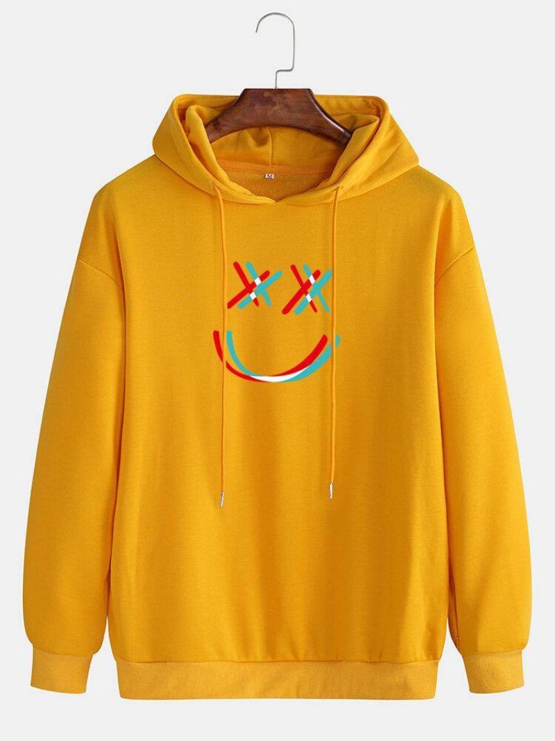 Mænds Bright Smile Face Print Drop Shoulder Snøre Overhead Hættetrøjer