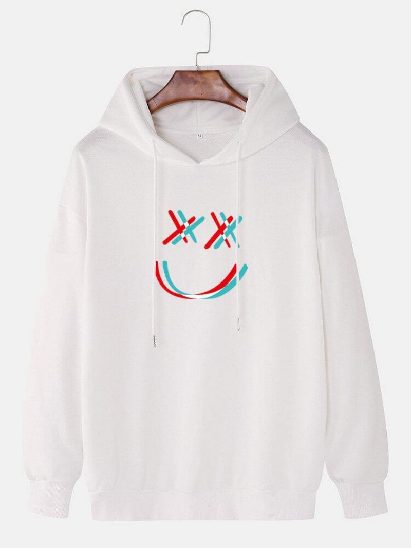 Mænds Bright Smile Face Print Drop Shoulder Snøre Overhead Hættetrøjer