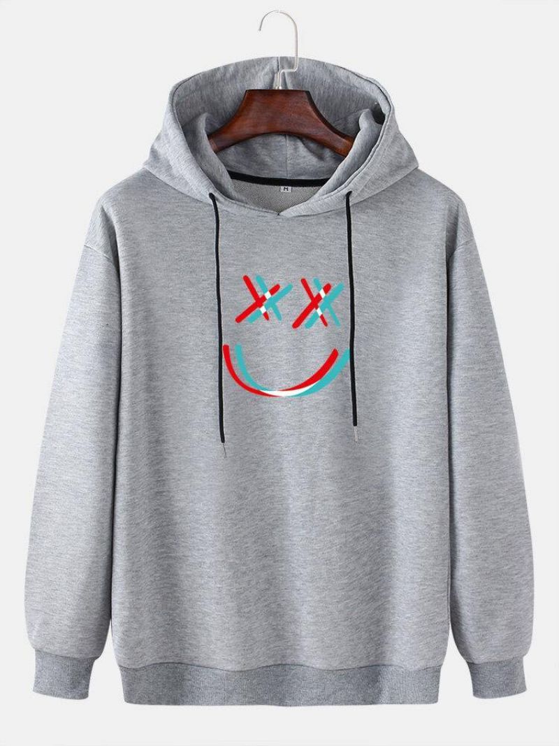 Mænds Bright Smile Face Print Drop Shoulder Snøre Overhead Hættetrøjer