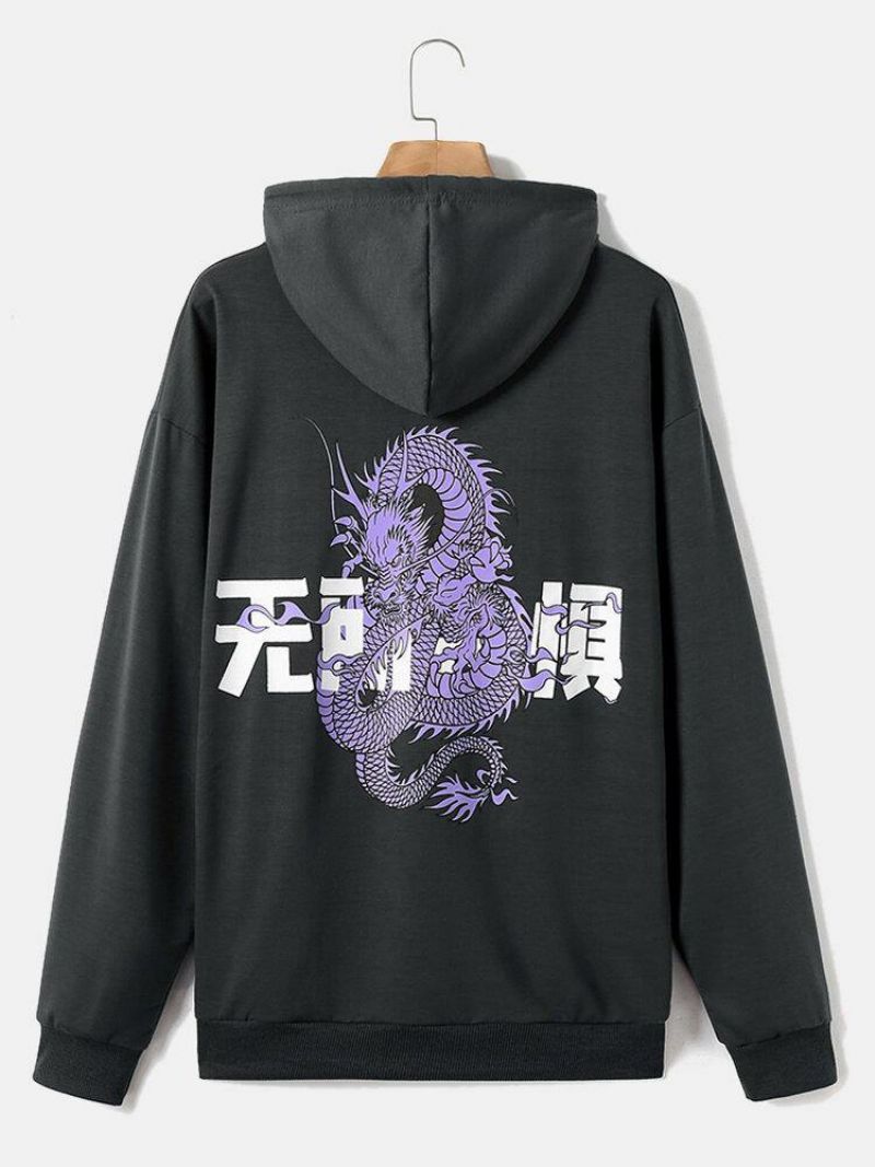 Mænds Dragon Chinese Character Back Print 100% Bomuld Hættetrøjer Med Snoretræk