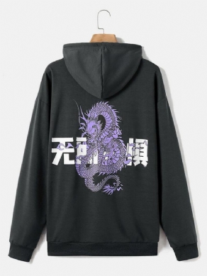 Mænds Dragon Chinese Character Back Print 100% Bomuld Hættetrøjer Med Snoretræk