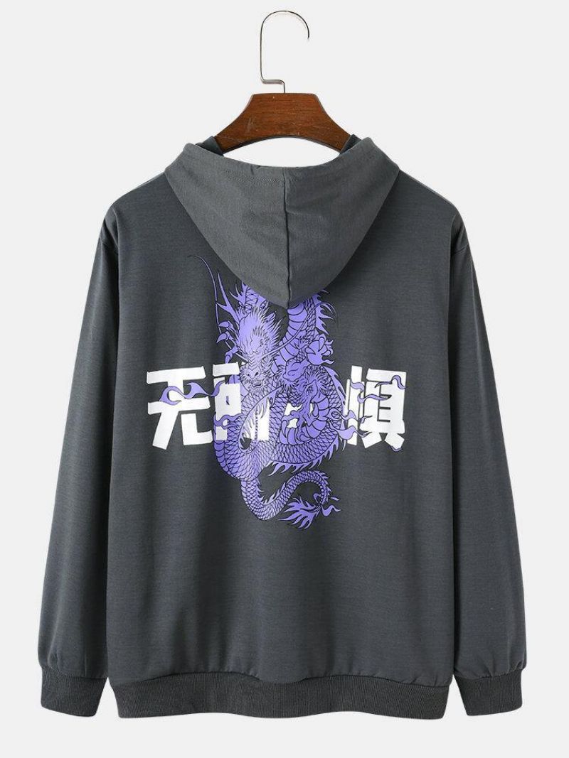 Mænds Dragon Chinese Character Back Print 100% Bomuld Hættetrøjer Med Snoretræk