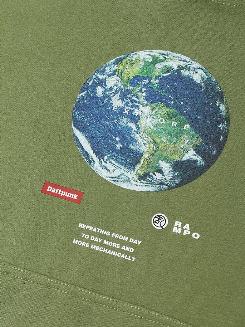 Mænds Earth Letter Print Bomuld Varm Snøre Overhead Hættetrøjer