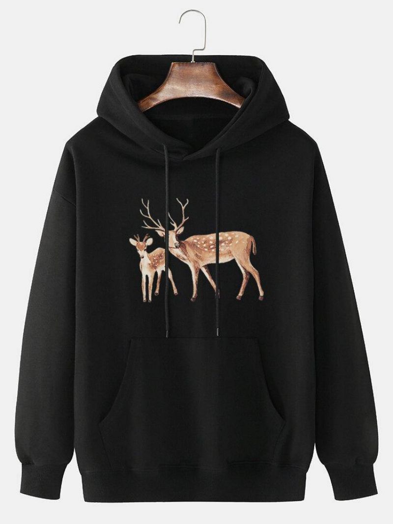 Mænds Tegneserie Elk Print Drop Shoulder Kangaroo Pocket Hættetrøjer