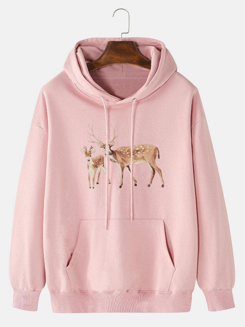 Mænds Tegneserie Elk Print Drop Shoulder Kangaroo Pocket Hættetrøjer