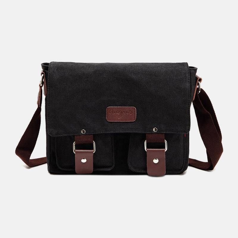 Ægte Læder Og Lærred Til Mænd Retro Rejse Udendørs Multi-Pocket Bæretaske Crossbody Taske