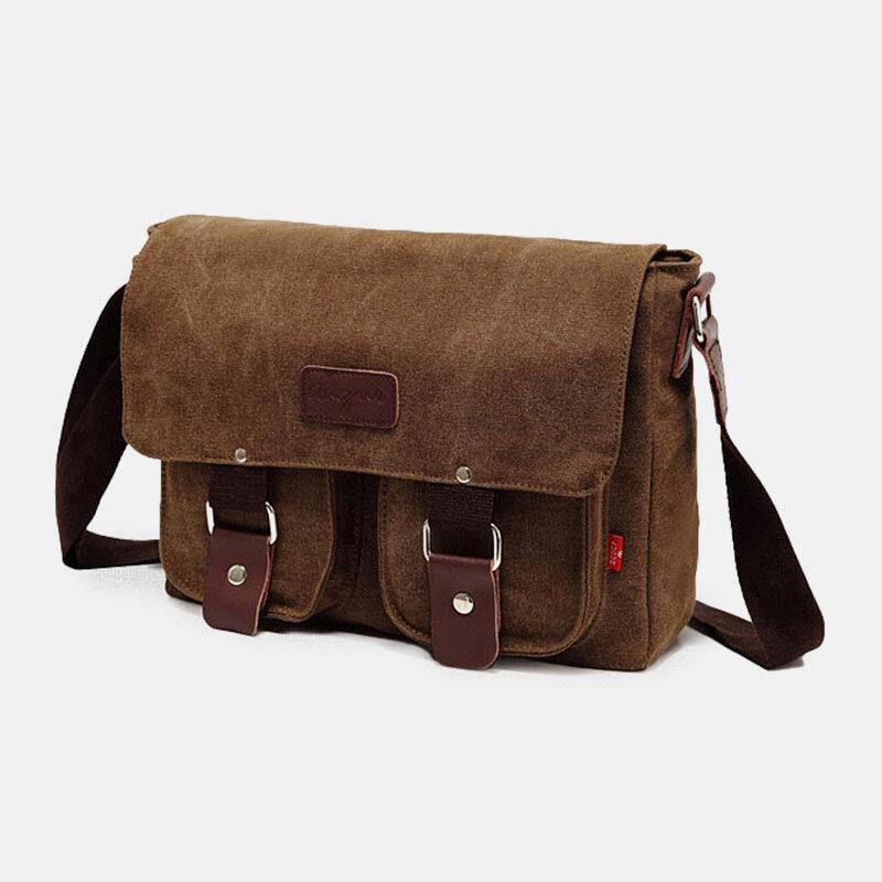 Ægte Læder Og Lærred Til Mænd Retro Rejse Udendørs Multi-Pocket Bæretaske Crossbody Taske