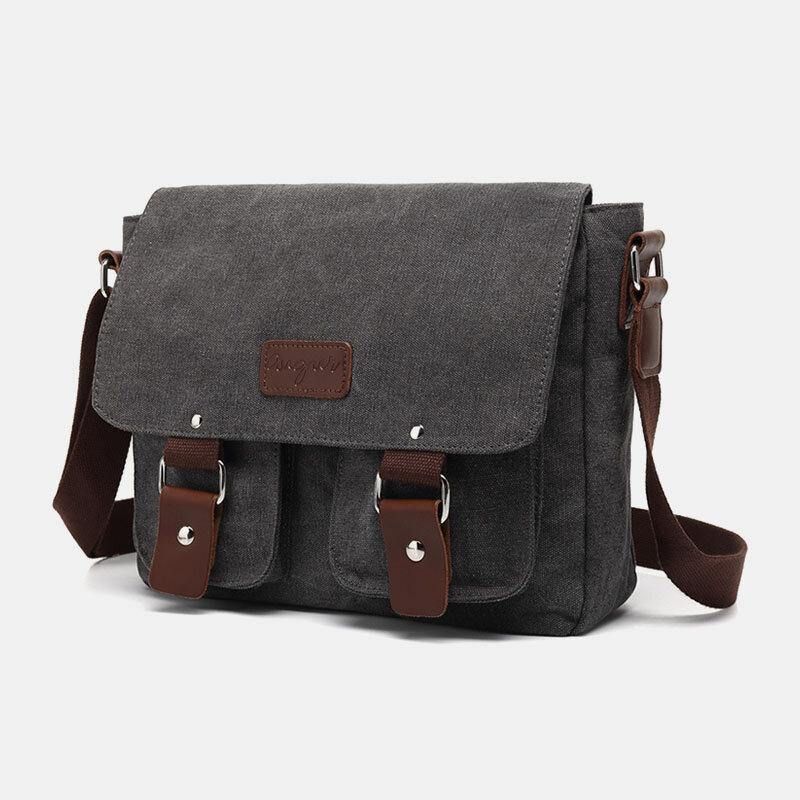 Ægte Læder Og Lærred Til Mænd Retro Rejse Udendørs Multi-Pocket Bæretaske Crossbody Taske