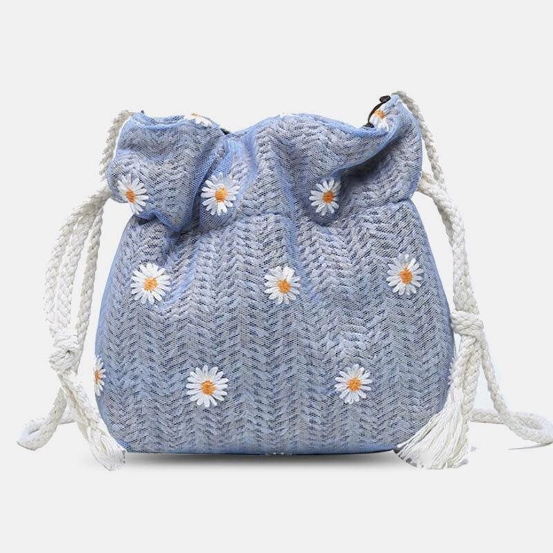 Damer Straw Daisy Solsikkemønster Print Casual String Blondetaske Strandtaske Bucket Bag Crossbody Taske Håndtaske