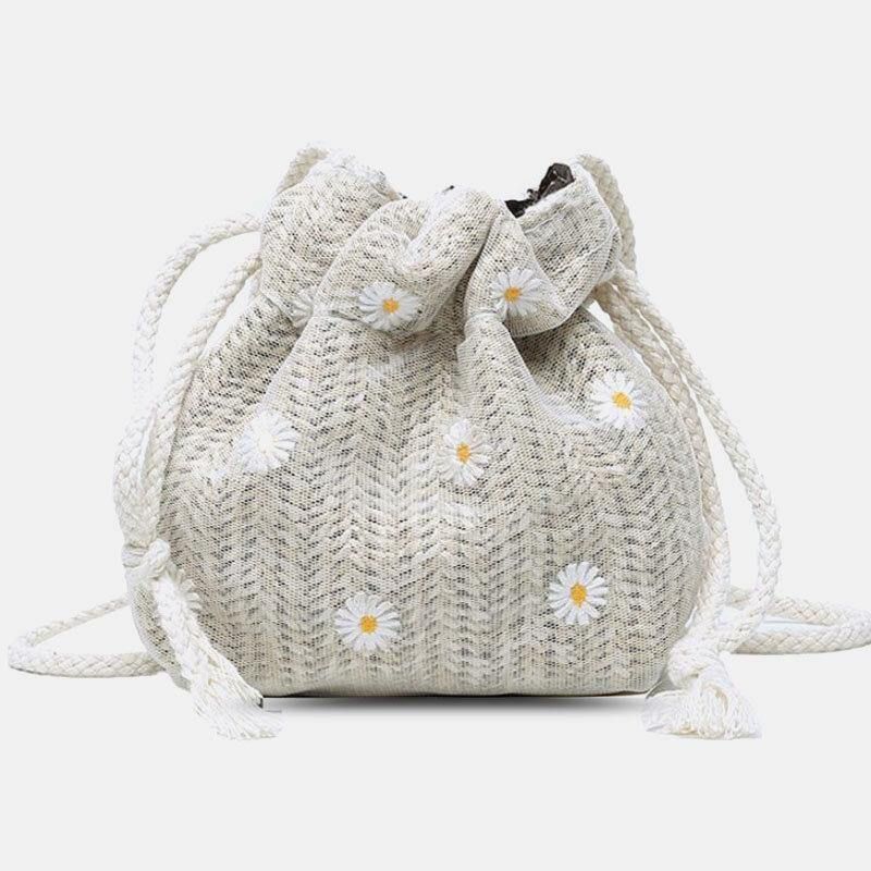 Damer Straw Daisy Solsikkemønster Print Casual String Blondetaske Strandtaske Bucket Bag Crossbody Taske Håndtaske