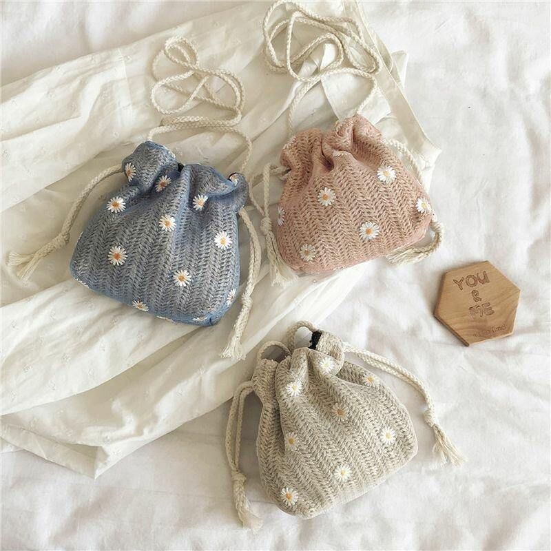 Damer Straw Daisy Solsikkemønster Print Casual String Blondetaske Strandtaske Bucket Bag Crossbody Taske Håndtaske