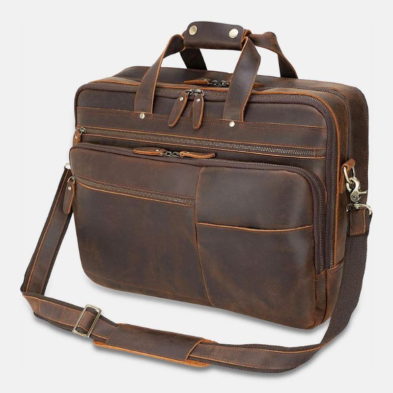 Ekphero Herrer Pu Læder Multifunktion Stor Kapacitet Vintage 14" Laptop Taske Multi-Layers Briefcase Håndtaske Crossbody Taske