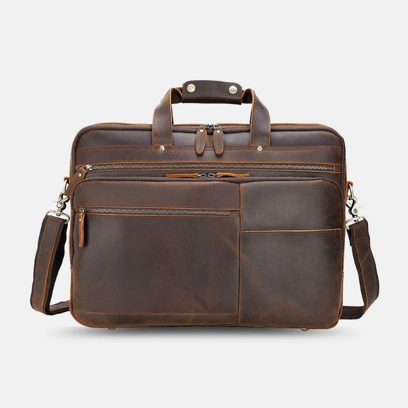 Ekphero Herrer Pu Læder Multifunktion Stor Kapacitet Vintage 14" Laptop Taske Multi-Layers Briefcase Håndtaske Crossbody Taske