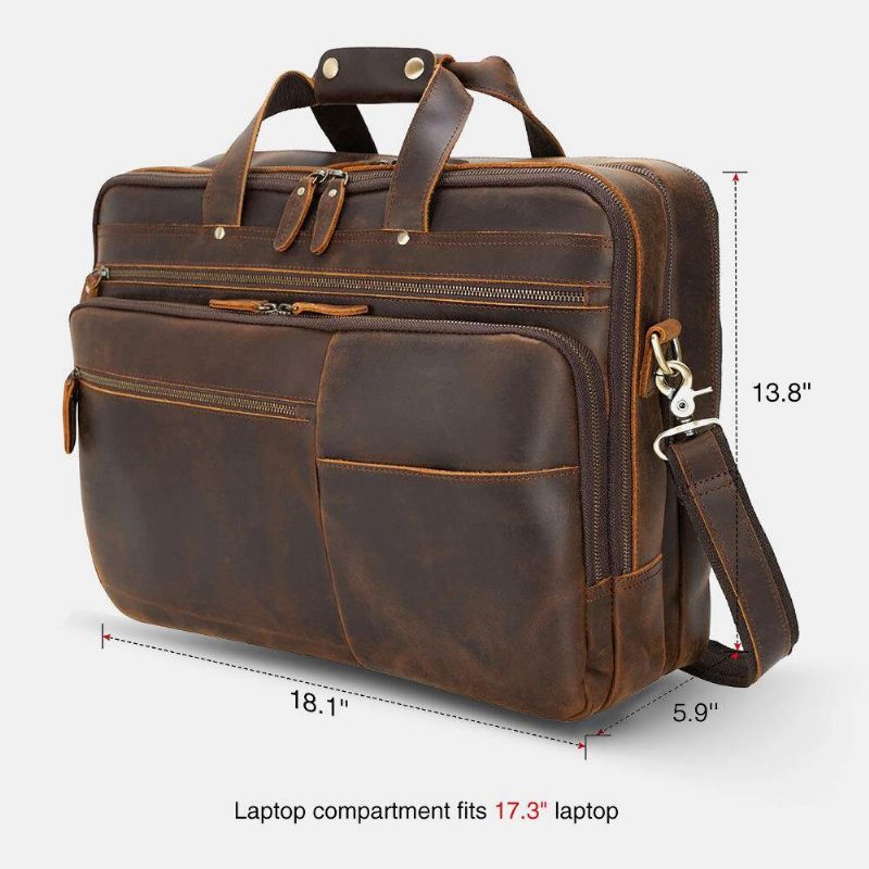 Ekphero Herrer Pu Læder Multifunktion Stor Kapacitet Vintage 14" Laptop Taske Multi-Layers Briefcase Håndtaske Crossbody Taske