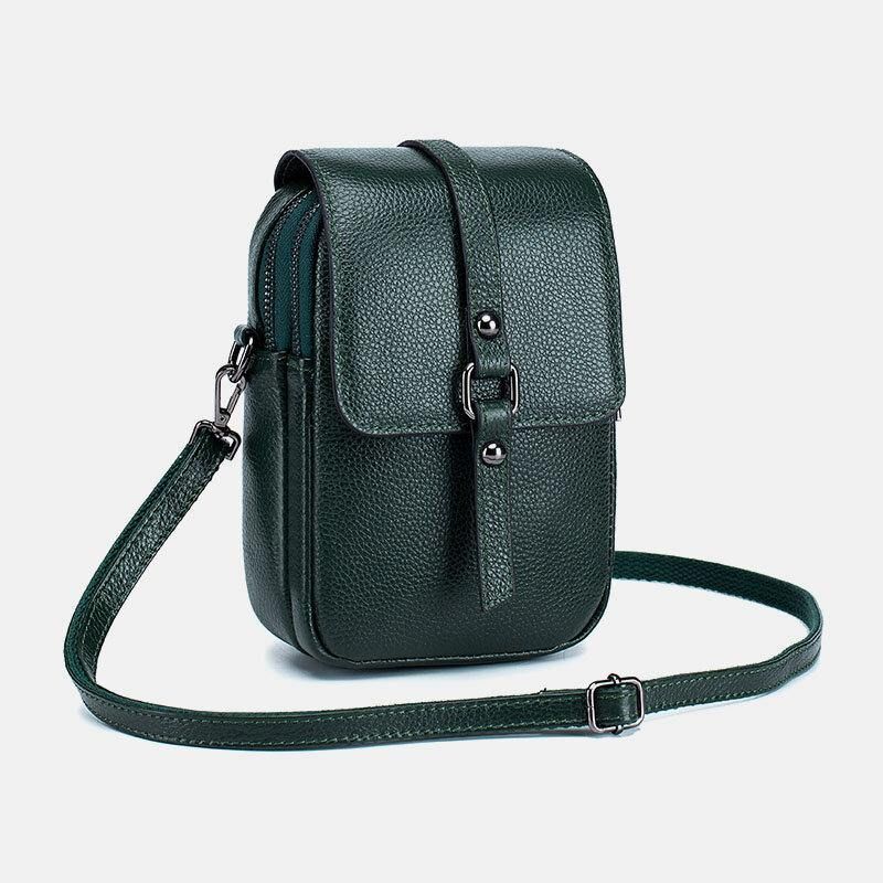 Kvinder Ægte Læder Casual Retro Multi-Layers Øretelefonhul 6.5 Tommer Telefontaske Crossbody Taske