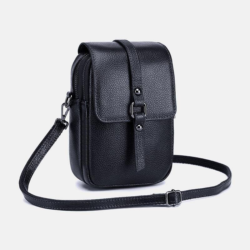 Kvinder Ægte Læder Casual Retro Multi-Layers Øretelefonhul 6.5 Tommer Telefontaske Crossbody Taske