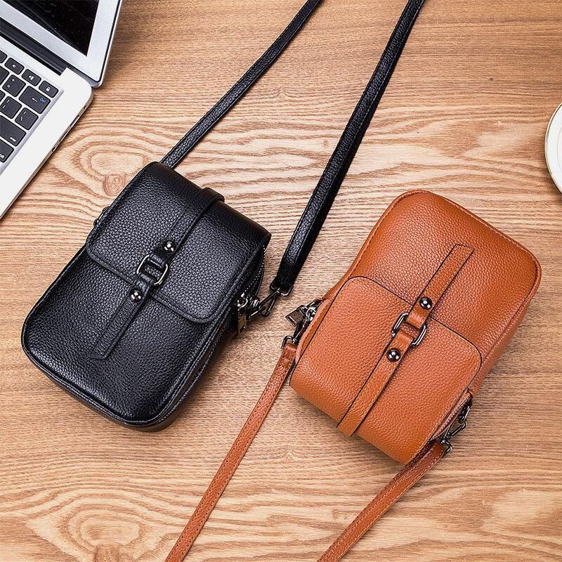 Kvinder Ægte Læder Casual Retro Multi-Layers Øretelefonhul 6.5 Tommer Telefontaske Crossbody Taske