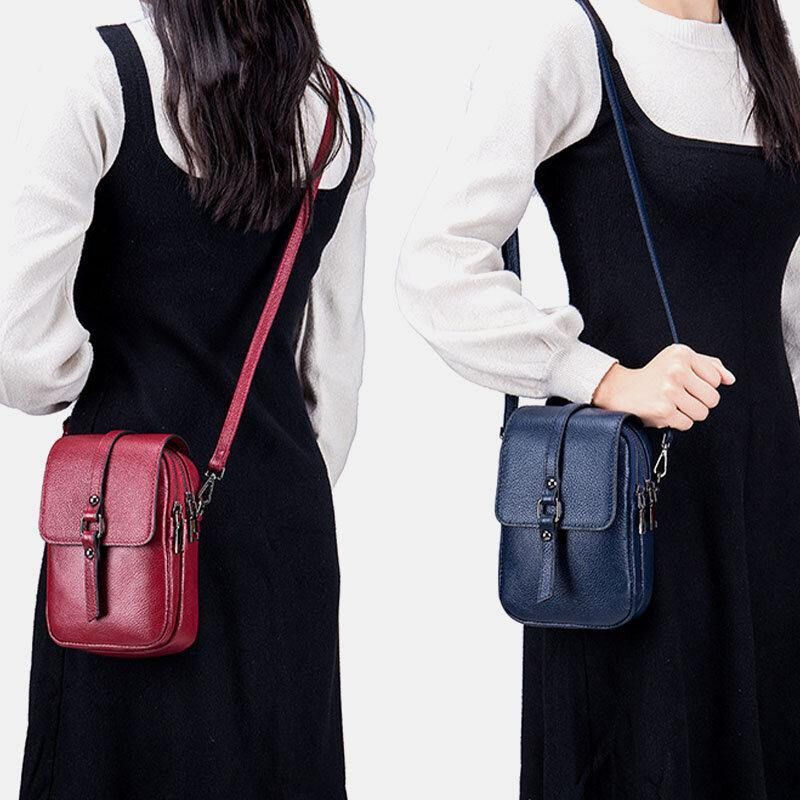 Kvinder Ægte Læder Casual Retro Multi-Layers Øretelefonhul 6.5 Tommer Telefontaske Crossbody Taske