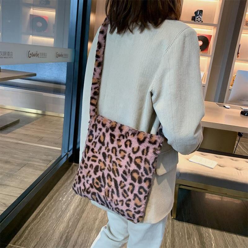 Kvinder Filt Blødt Leopard Mønster Sød Afslappet Personlighed Skuldertaske Crossbody Taske