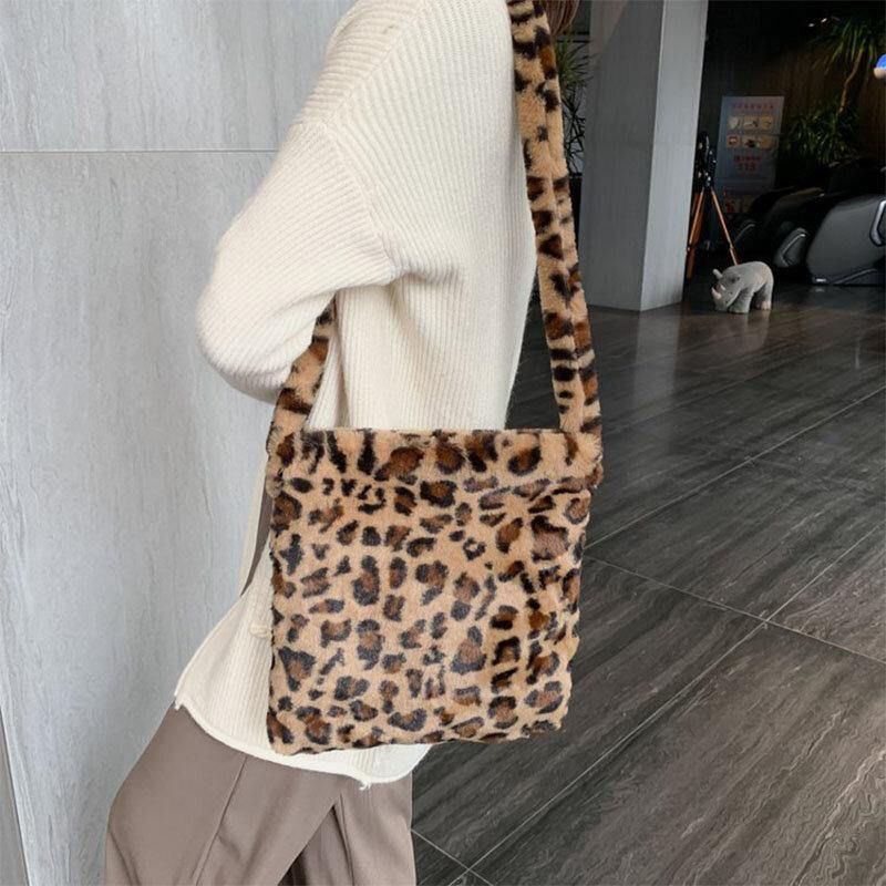 Kvinder Filt Blødt Leopard Mønster Sød Afslappet Personlighed Skuldertaske Crossbody Taske