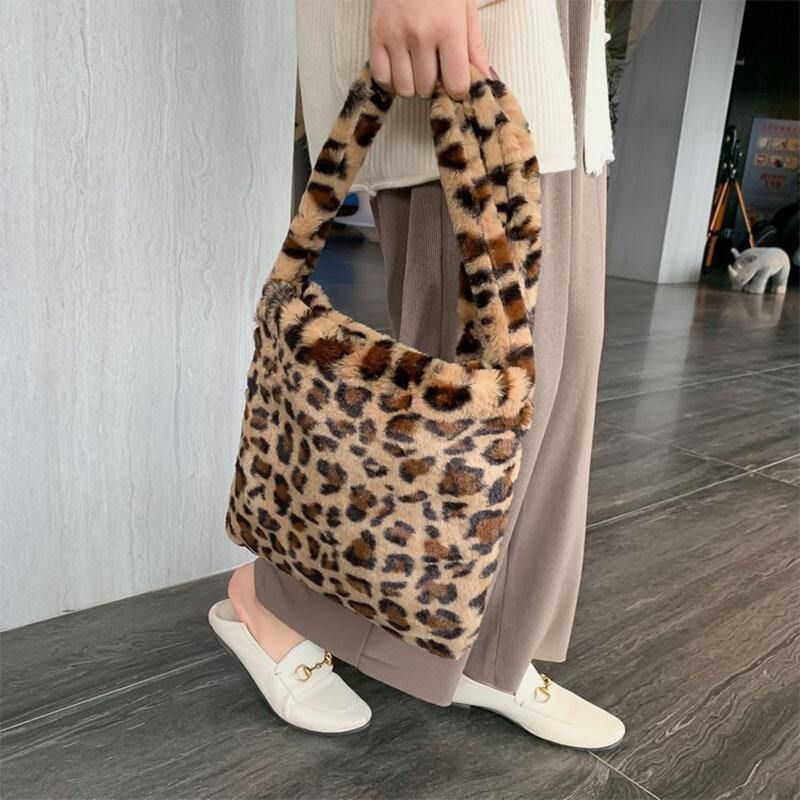 Kvinder Filt Blødt Leopard Mønster Sød Afslappet Personlighed Skuldertaske Crossbody Taske