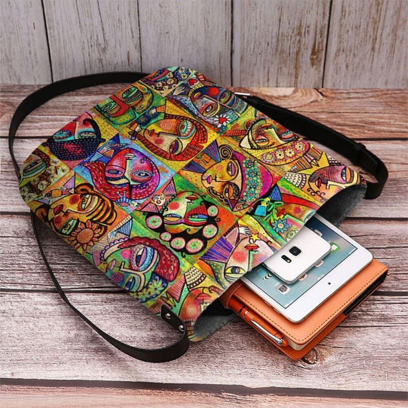 Kvinder Filt Flerfarvet Tegneseriefigur Print Crossbody Taske Skuldertaske