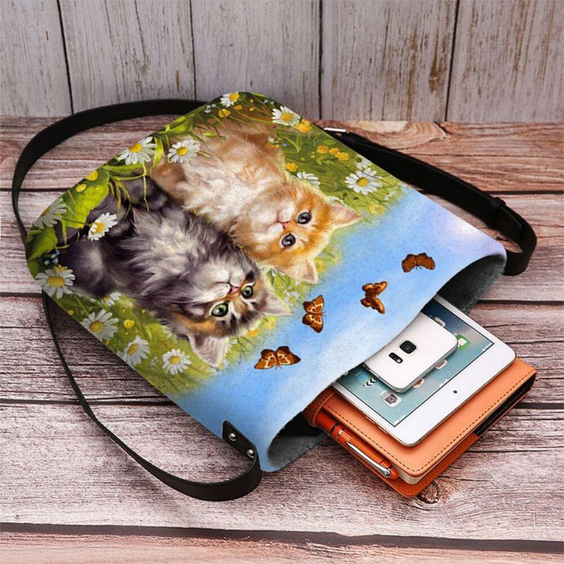 Kvinder Filt Landstil Tegneserie Katte Print Personlighed Crossbody Taske Skuldertaske