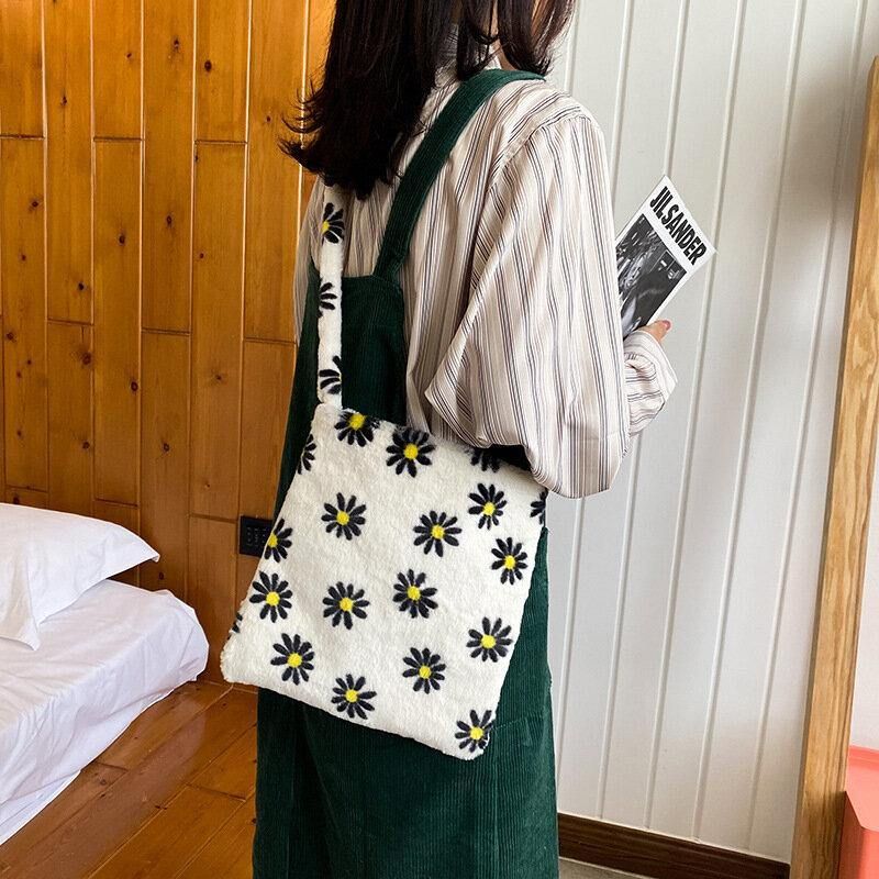 Kvinder Filt Med Stor Kapacitet Blød Sød Blomsterdyr Leopard Mønster Skuldertaske Håndtaske Crossbody Taske