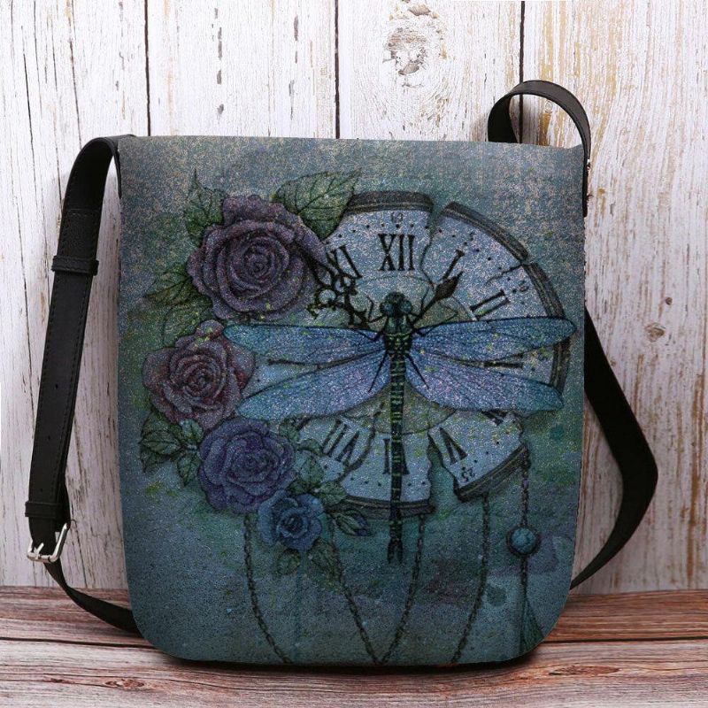 Kvinder Følte Afslappet Vintage 3D Dragonfly Flower Printing Mønster Crossbody Bag Skuldertaske